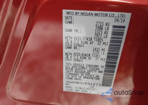 2014 Nissan Pathfinder Sv z USA, uszkodzony, nr VIN 5N1AR2MM2EC694873